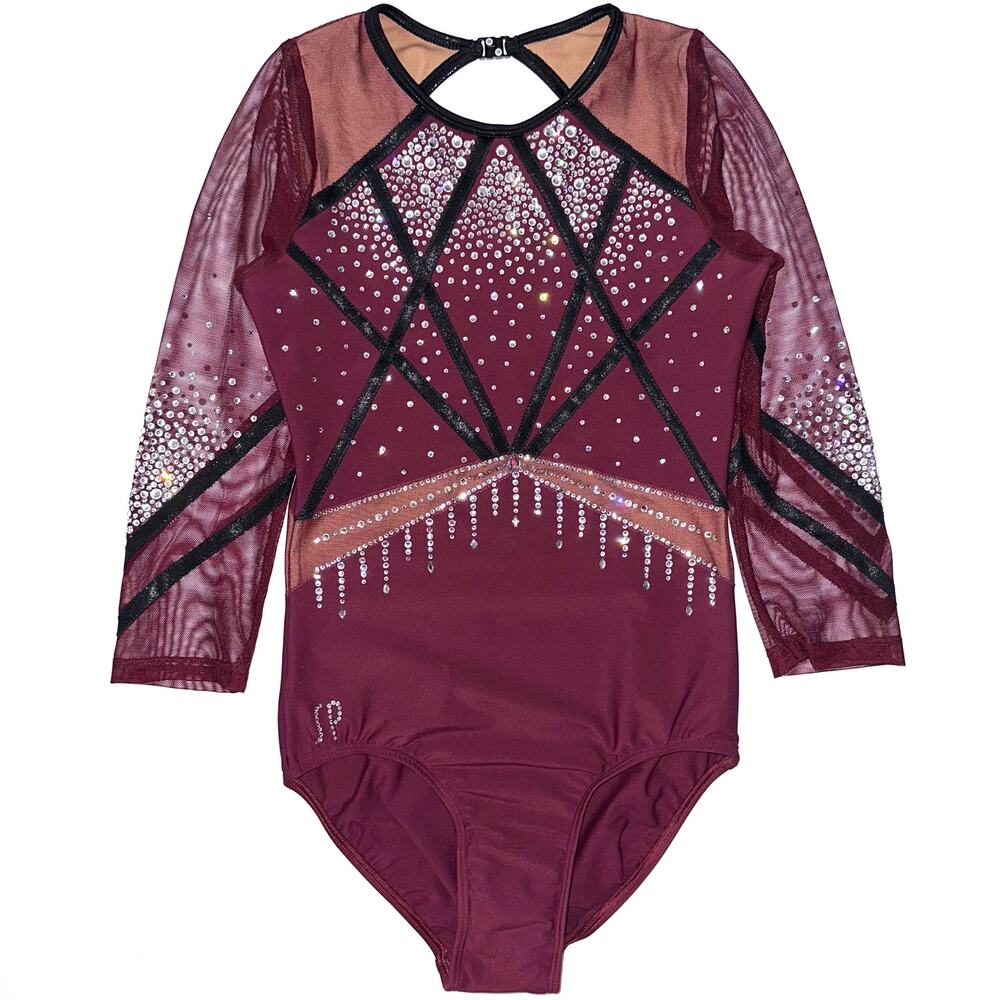 Sylvia P Madison Kocian Burgundy 3Q Sleeve Heavy Swarovski Crystal Leotard XS
